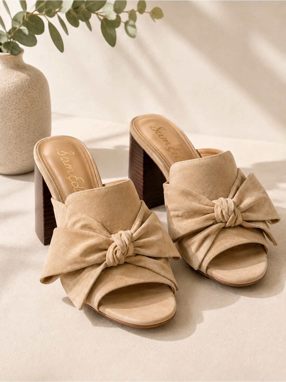 Sam Edelman Yumi Suede Bow Block Heel Mules Tan Size 9